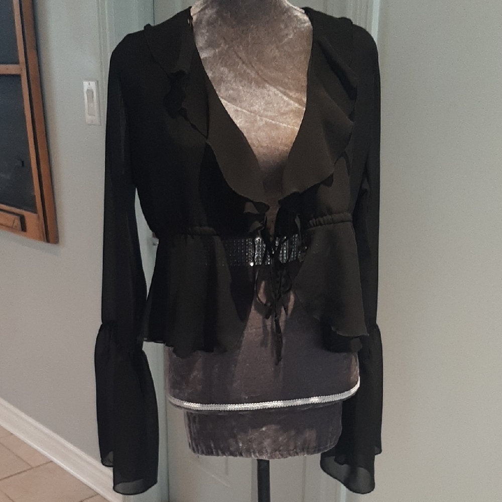 Streetwear Society๐คBlack SHEER FRONT TIE RUFFLE TOP/COVER UP Fits M/L